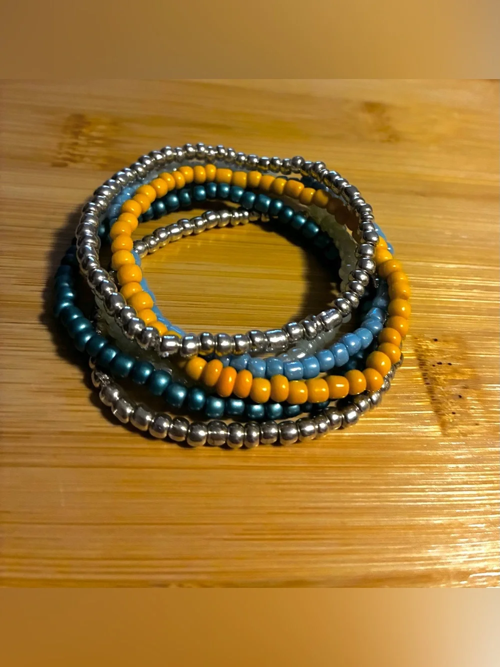 Beaded Stretch Bracelet Set - Yellow, Teal, Light Blue & Silver